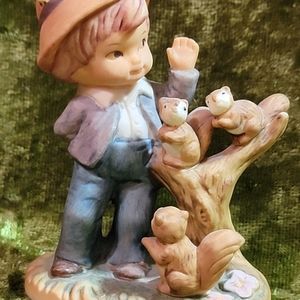 Vintage Marks And Rosenfeld Little Boy Playing With Squirrels In Tree Figurine